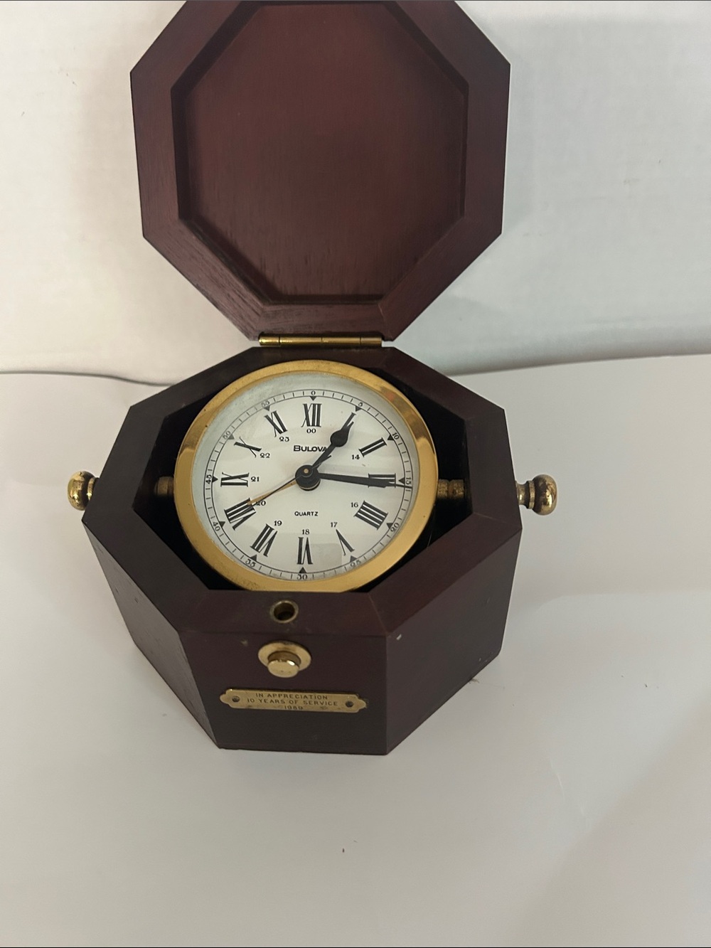 Bulova Wood Octagon Desk Clock in Brown and Gold